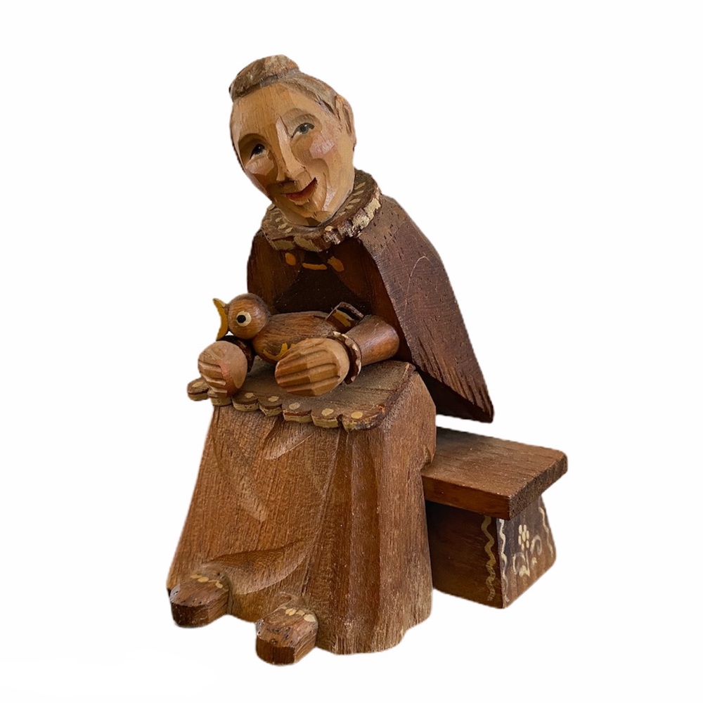 ANRI Italy Carved Wood Figure Old Woman Bird Lady